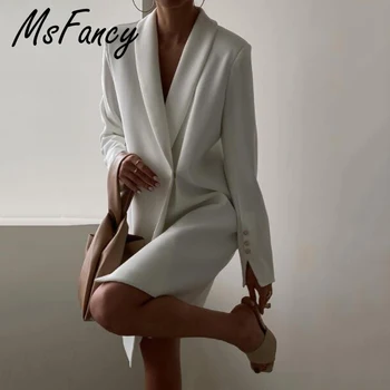 Msfancy Bel Blazer Obleka Ženske 2021 Dolg Rokav Skrite Zapenjanje Več Dolgo Jakno Elegantne Dame Outwear