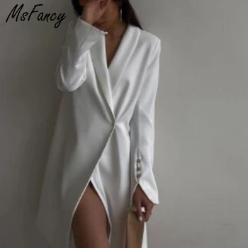 Msfancy Bel Blazer Obleka Ženske 2021 Dolg Rokav Skrite Zapenjanje Več Dolgo Jakno Elegantne Dame Outwear