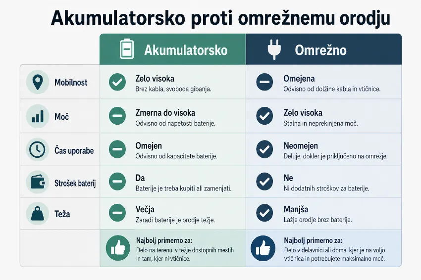 kdaj izbrati baterijsko in kdaj omrežno orodje